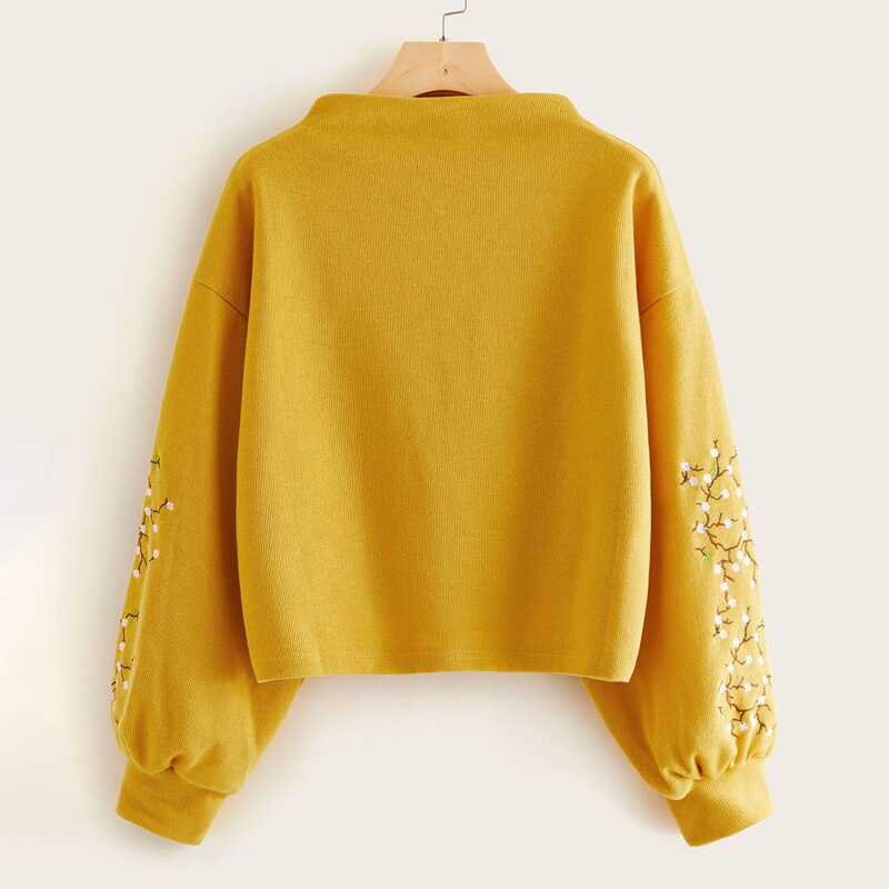 

Floral Embroidered Drop Shoulder Sweatshirt, Yellow