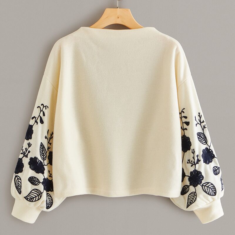 

Floral Embroidered Drop Shoulder Sweatshirt, Beige