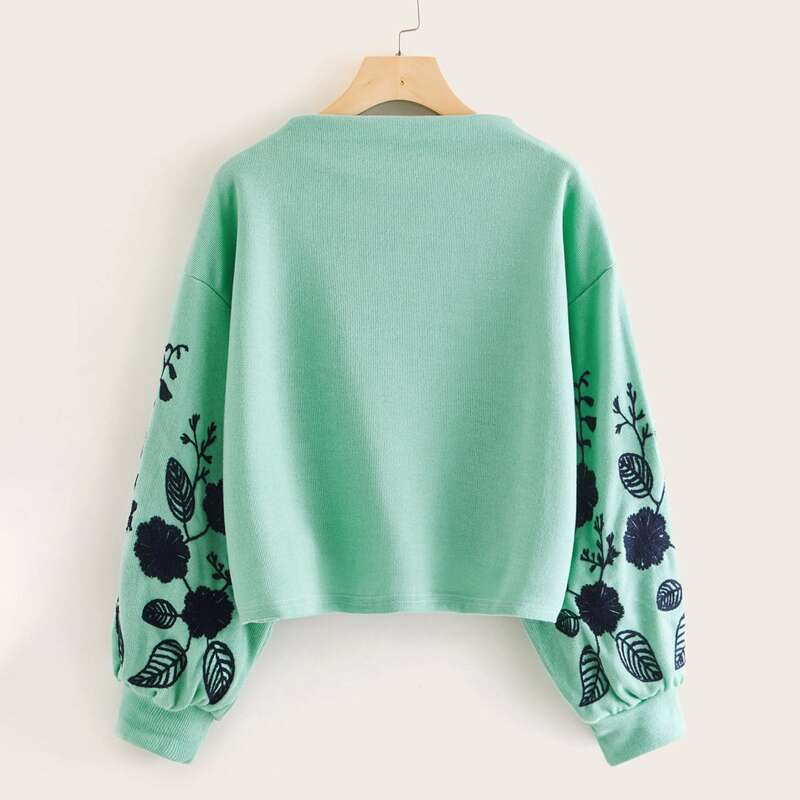 

Floral Embroidered Drop Shoulder Sweatshirt, Green