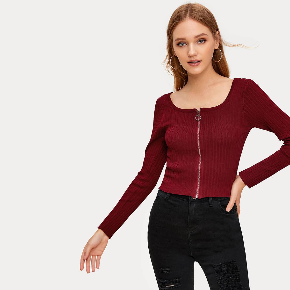 

Ribbed Knit Zip Up Cardigan, Burgundy