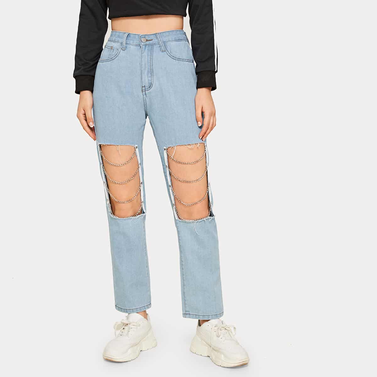 Chain Detail Ripped Straight Leg Jeans, Blue