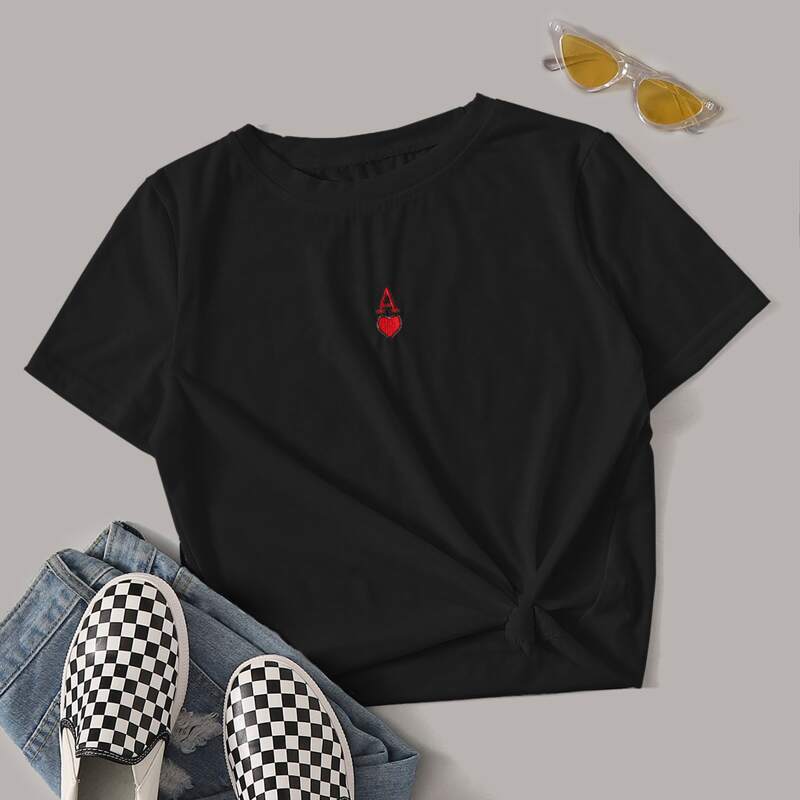 

Letter & Heart Embroidery Round Neck Tee, Black