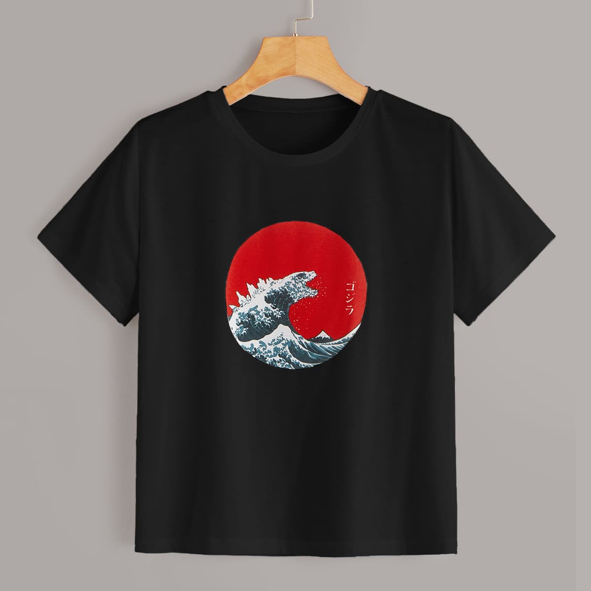 

Wave Print Round Neck Tee, Black