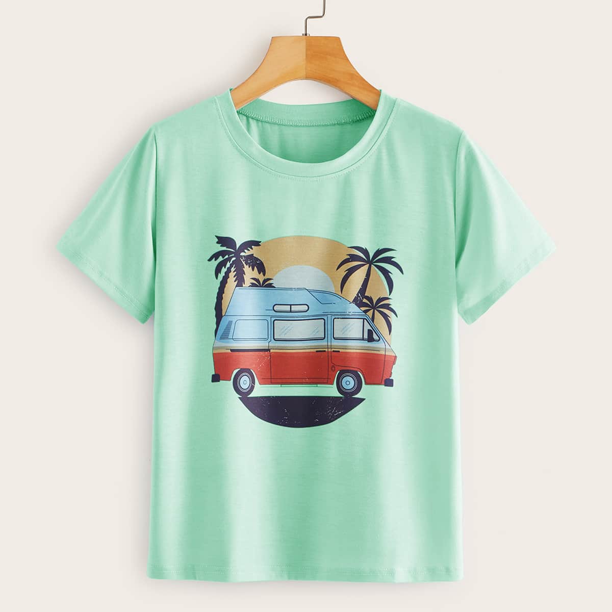 

Car & Palm Tree Print Tee, Green