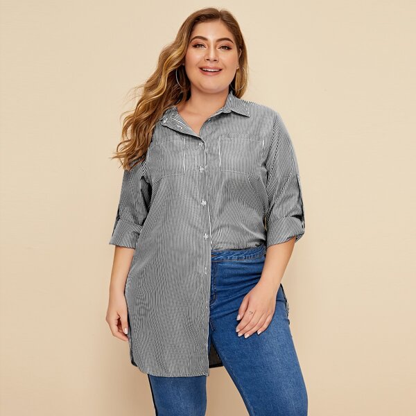 

Plus Vertical Stripe Roll-up Sleeve Blouse, Black and white
