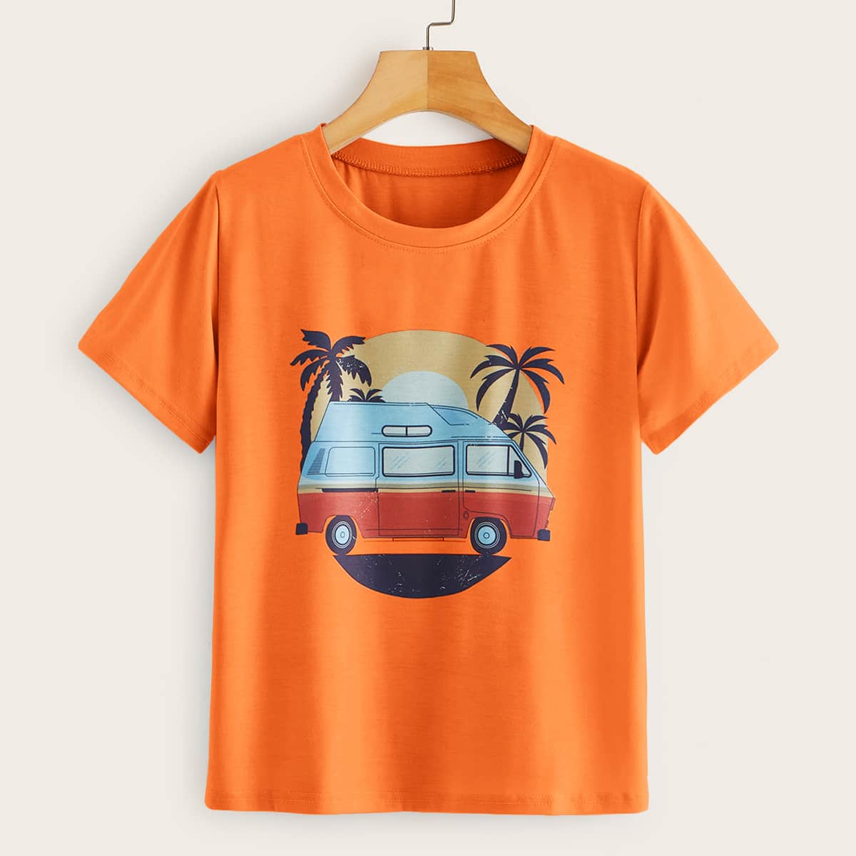 

Neon Orange Car & Palm Tree Print Tee, Orange bright