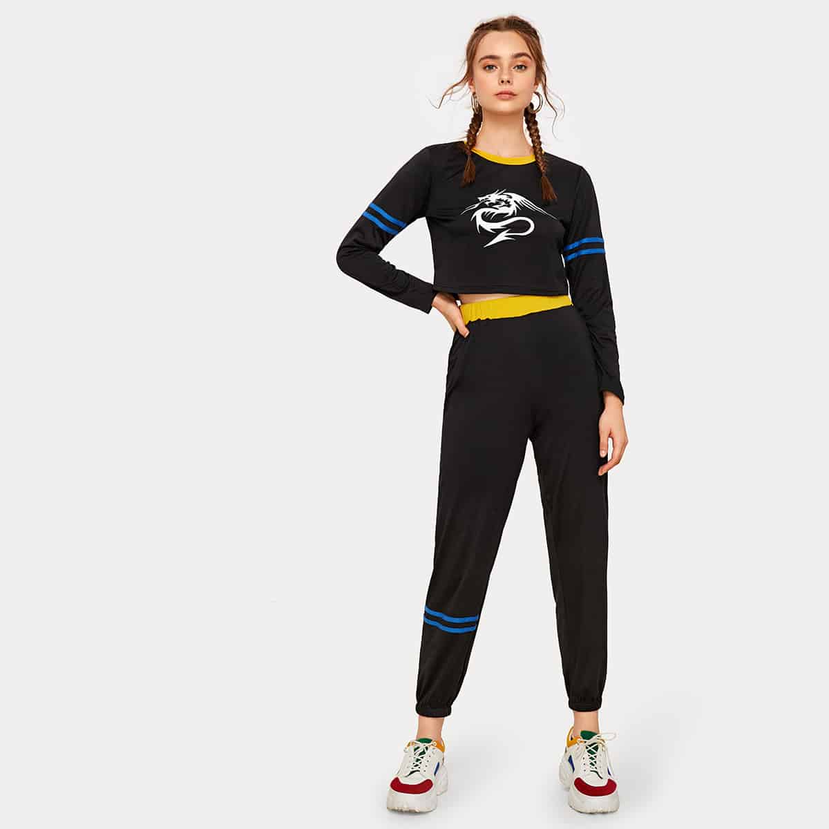 

Varsity Striped Dragon Print Crop Tee With Sweatpants, Black