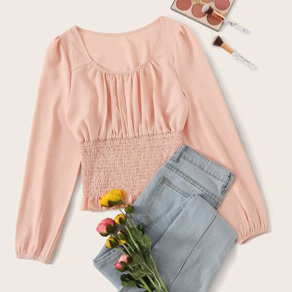 

Frill Trim Shirred Solid Blouse, Pink