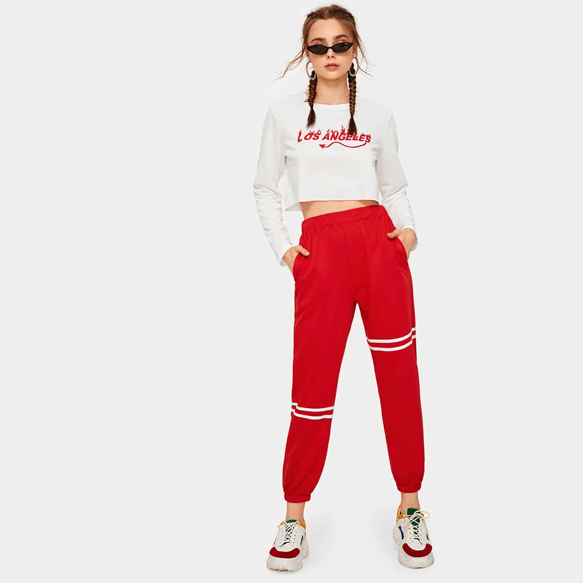 

Letter Print Crop Tee With Varsity Striped Sweatpants, Multicolor
