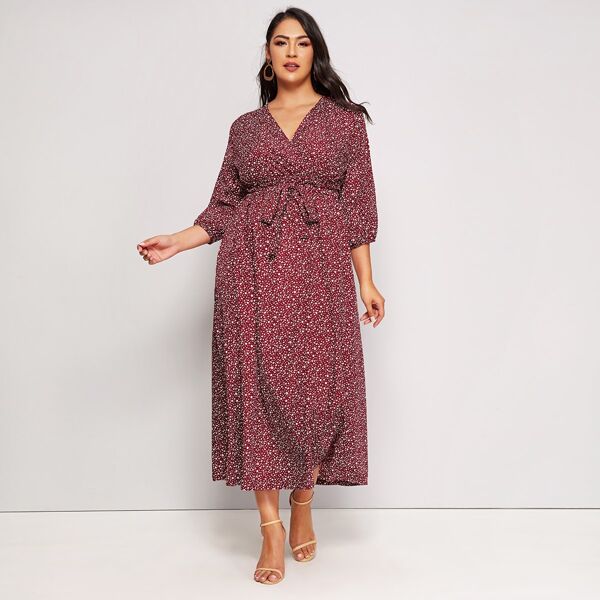 

Plus Confetti Print Surplice Belted Dress, Burgundy