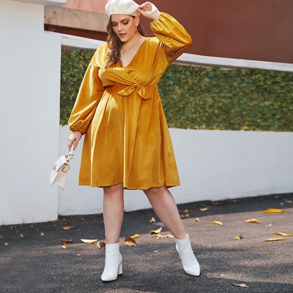 

Plus Knot Side Corduroy Surplice Dress, Yellow