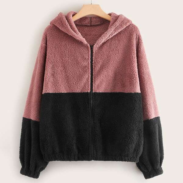 

Plus Two Tone Hooded Teddy Jacket, Multicolor