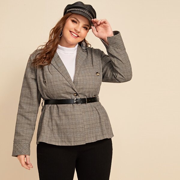 

Plus Glen Plaid Print Double Breasted Blazer With Belt, Khaki