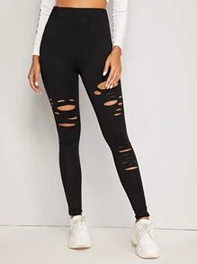 Leggings ajustados rotos de cintura alta - Negro - Ver 4
