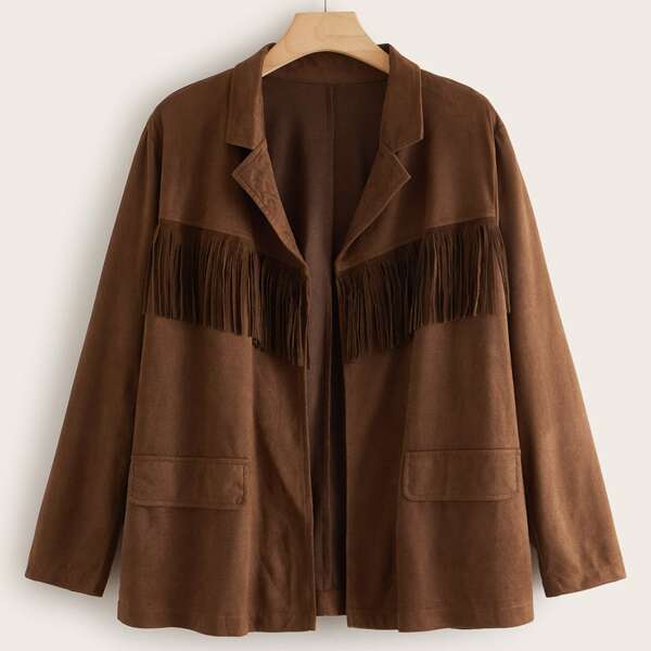 

Plus Notch Collar Fringe Detail Open Front Suede Blazer, Brown