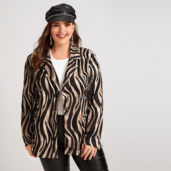 

Plus Notch Collar Zebra Print Single Button Suede Blazer, Multicolor