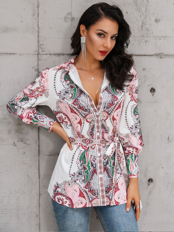 

Glamaker Tribal Print Belted Shirt, Multicolor