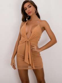 Joyfunear Tie Front Criss-cross Backless Bodycon Dress