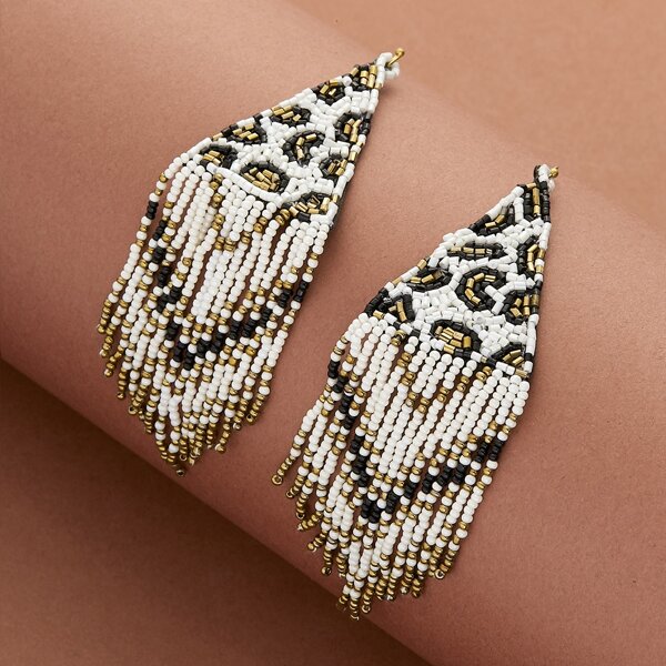 

Beaded Leopard Triangle Earrings With Fringe