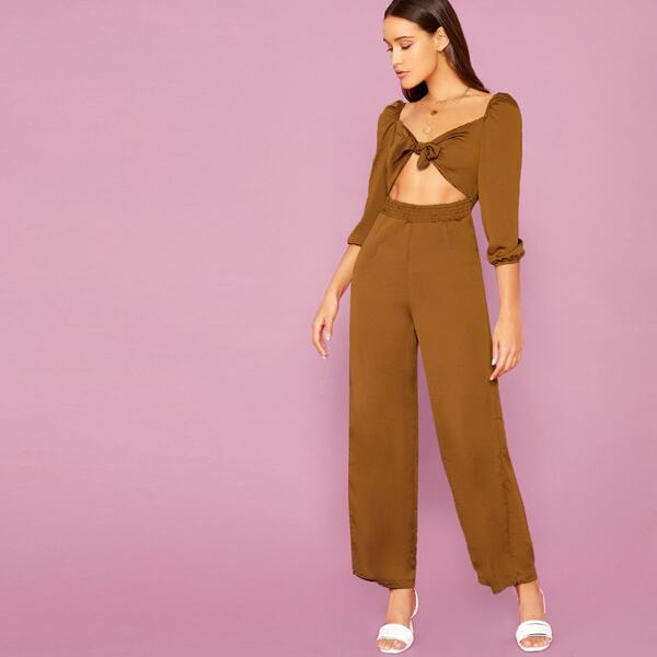 

Waist Cut Out Tie Front Off Shoulder Jumpsuit, Brown