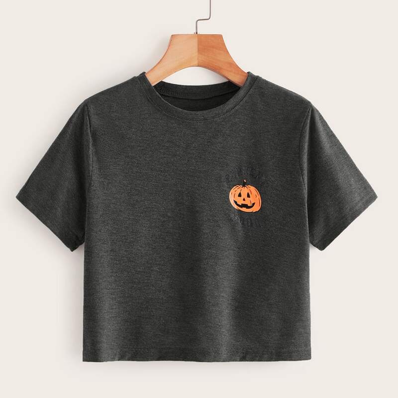 

Halloween Pumpkin Print Short Sleeve Crop Tee, Grey