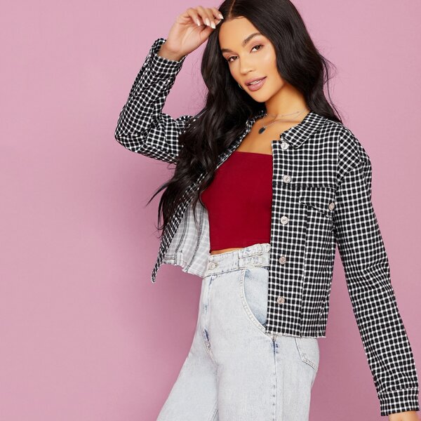 

Raw Hem Button Front Checkered Jacket