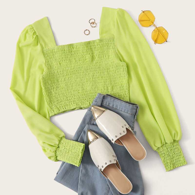 

Neon Line Shirred Crop Blouse, Green bright