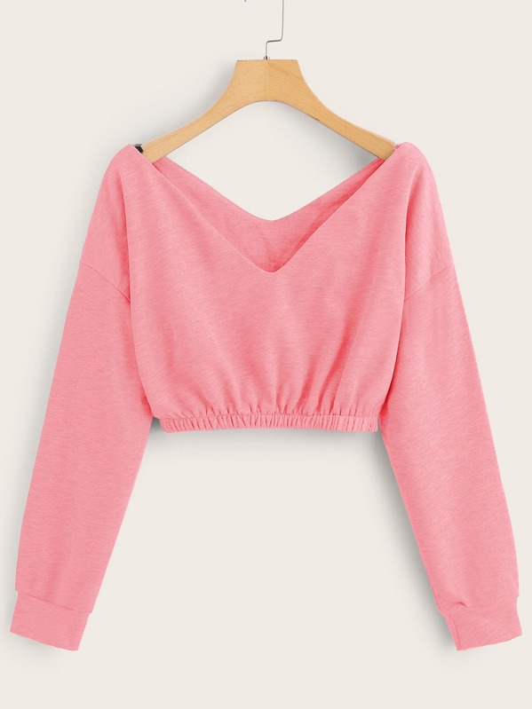 

Drop Shoulder Elastic Hem Crop Sweatshirt, Pink