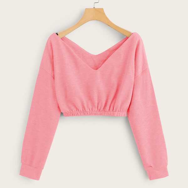 

Drop Shoulder Elastic Hem Crop Sweatshirt, Pink