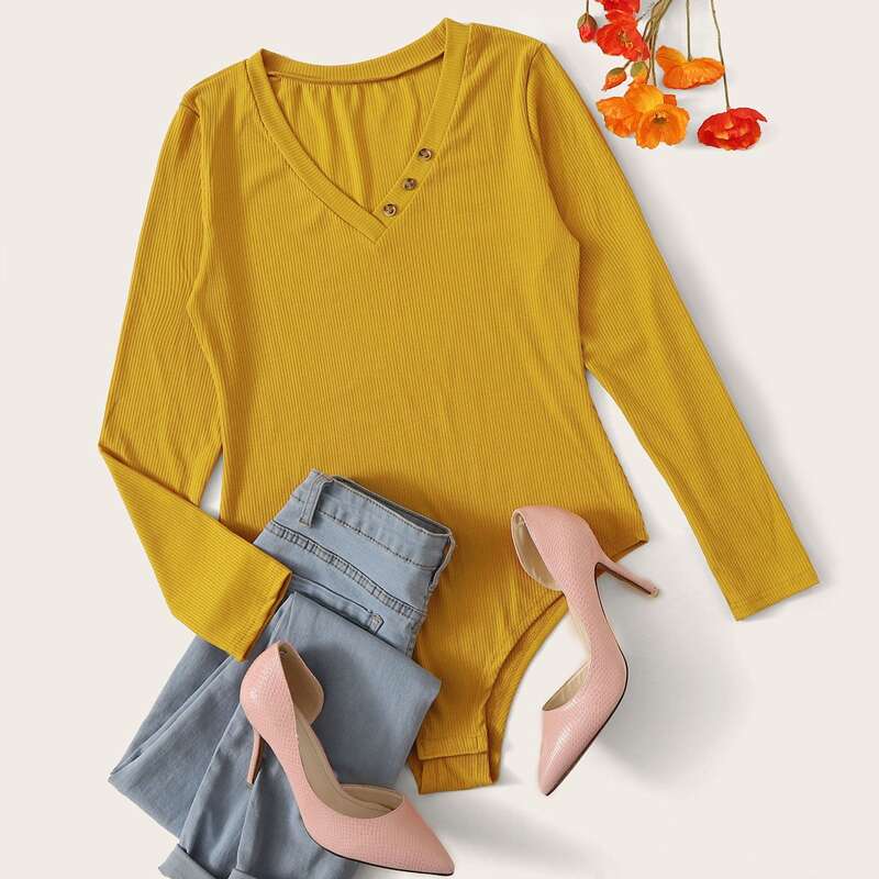 

Button Detail V-neck Ribbed Bodysuit, Yellow
