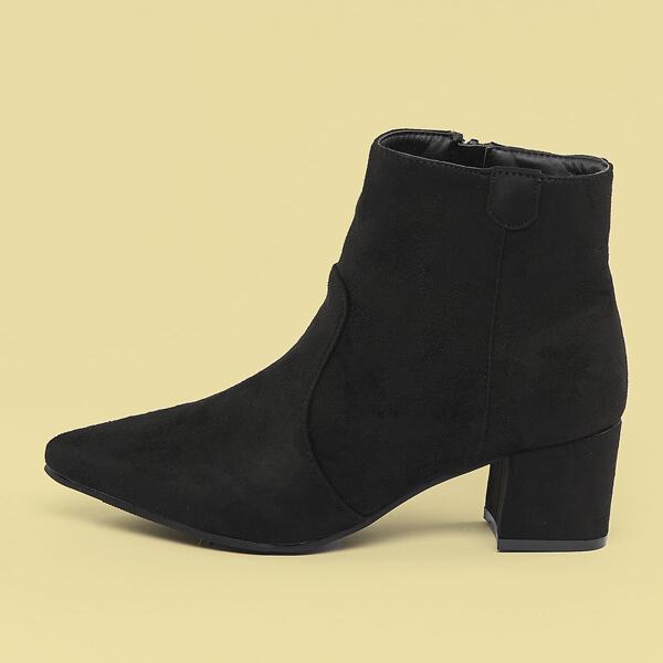 

Pointed Toe Side Zip Low Block Heel Booties, Black