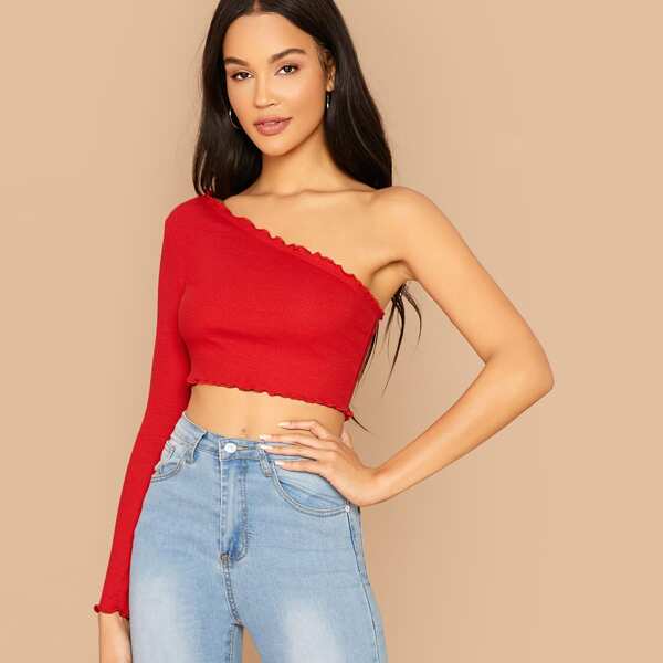 

One Shoulder Lettuce Edge Rib-knit Crop Tee, Red bright