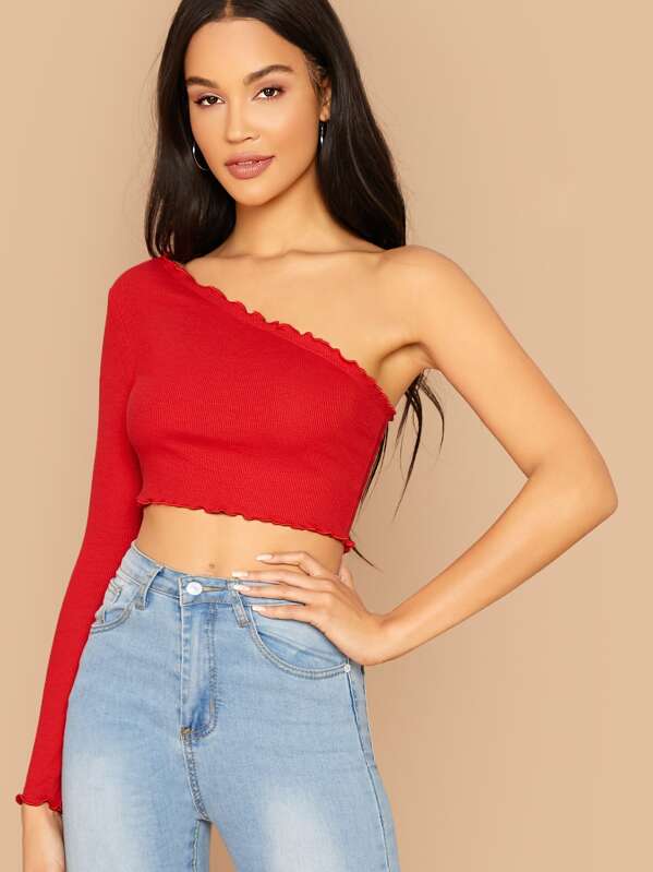 

One Shoulder Lettuce Edge Rib-knit Crop Tee, Red, Juliette
