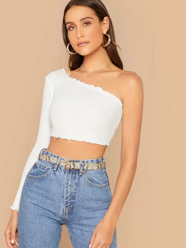 SHEIN One Shoulder Lettuce Edge Rib-knit Crop Tee