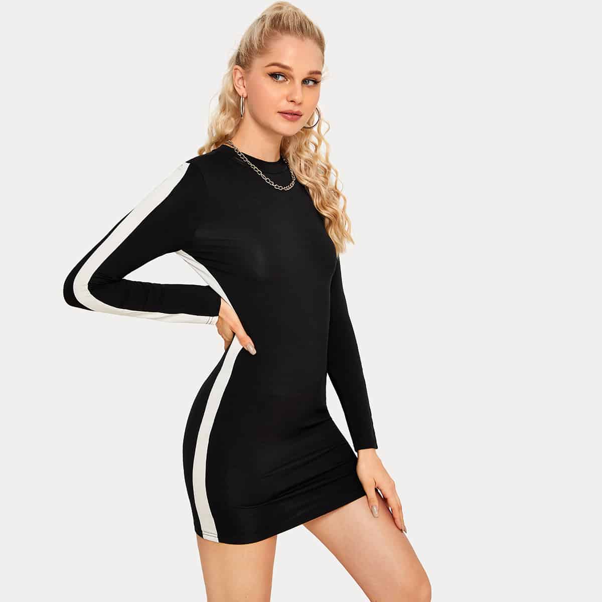 

Contrast Panel Bodycon Mini Dress, Black