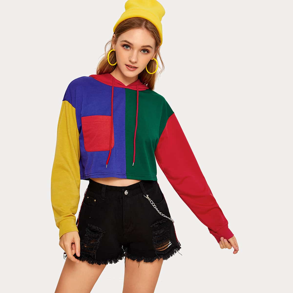 

Colorblock Pocket Front Drawstring Crop Hoodie, Multicolor