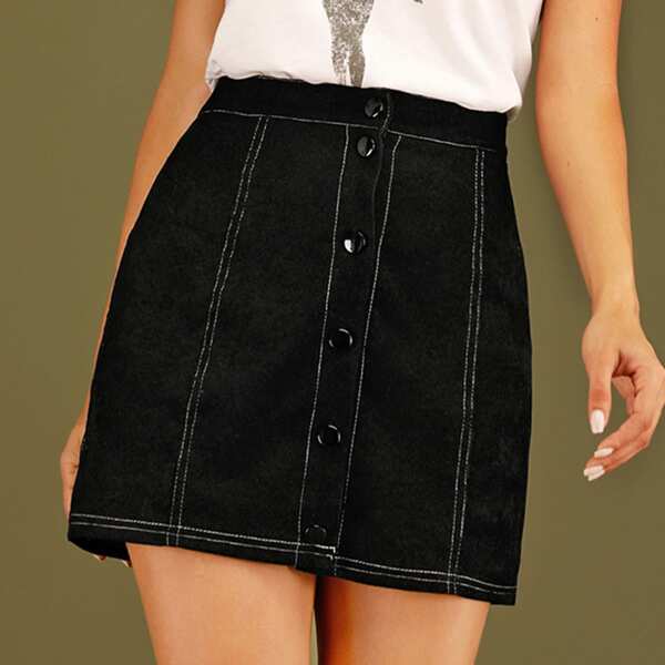 

Contrast Stitching Corduroy Skirt, Black