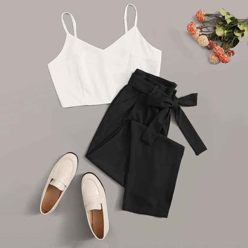 

Zip Up Back Cami Top With Self Tie Pants, Black and white