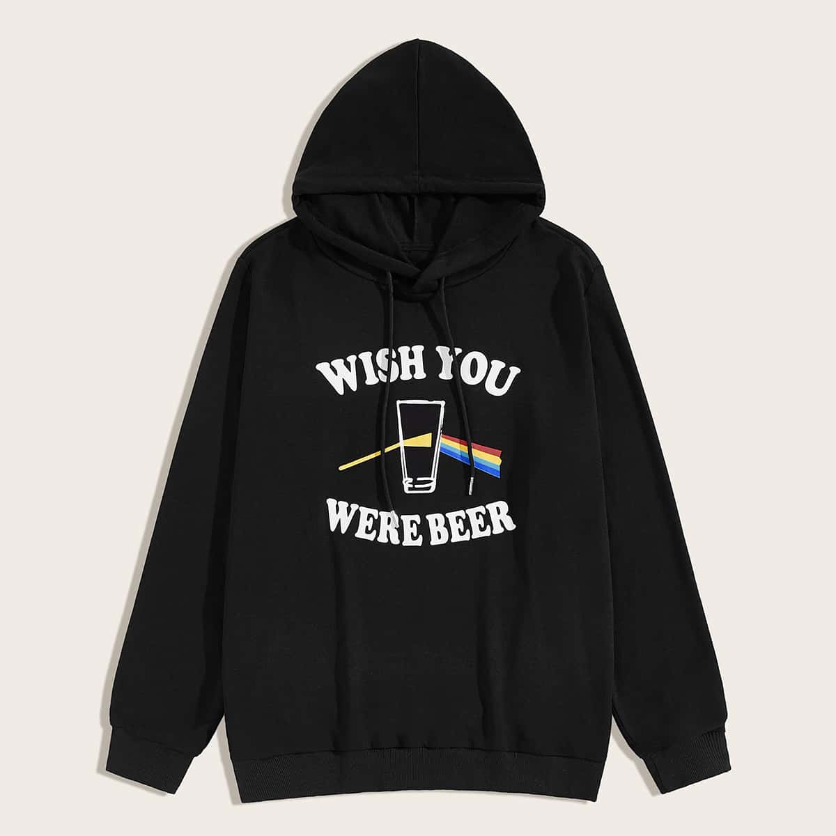 

Guys Letter Print Drawstring Hoodie, Black