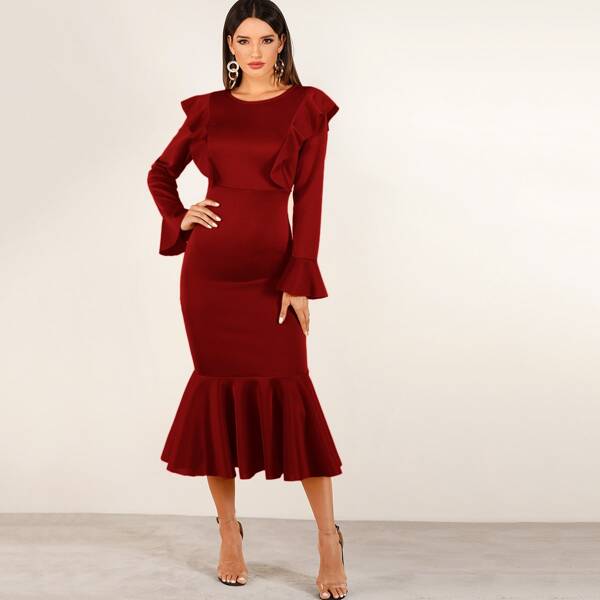 

Ruffle Trim Flounce Sleeve Mermaid Bodycon Dress, Burgundy