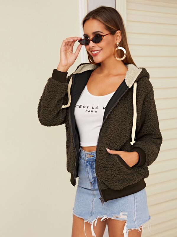 

Contrast Trim Drawstring Hooded Teddy Jacket, Brown, Giulia