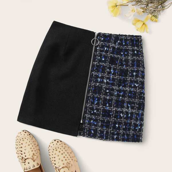 

Zip Up Contrast Tweed Mini Skirt, Multicolor