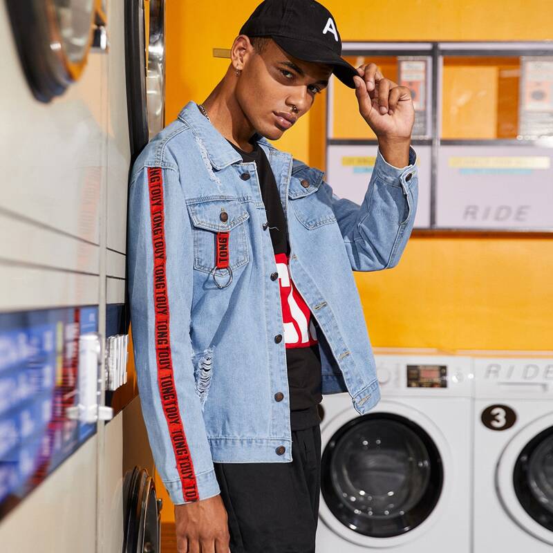 

Guys Letter Tape Ripped Denim Jacket, Blue
