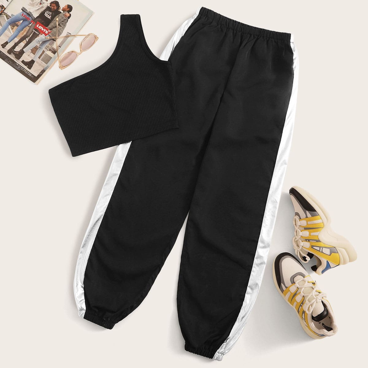 

One Shoulder Crop Top & Silver Tape Joggers, Black