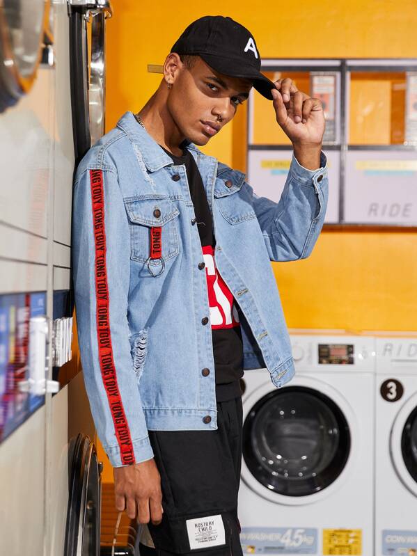 

Men Letter Tape Ripped Denim Jacket, Blue, Gleb