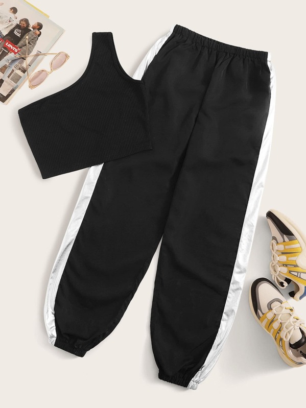 

One Shoulder Ribbed Crop Top With Contrast Panel Side Pants, Black