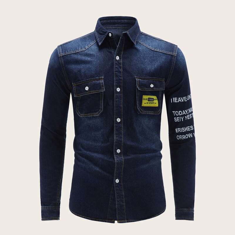 

Guys Letter Graphic Denim Shirt, Navy
