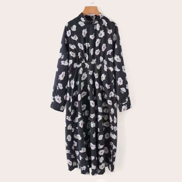

Smock Neck Floral Print Keyhole Back Dress, Black