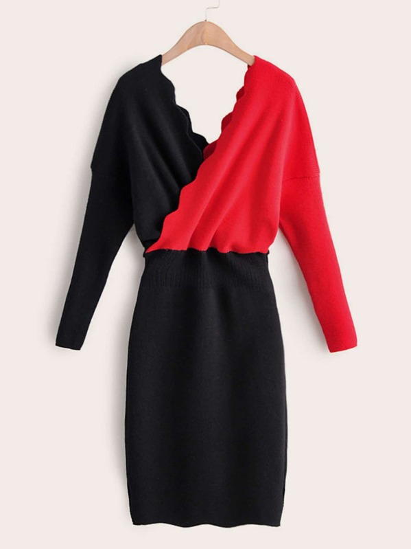 

Scallop Surplice Leg Of Mutton Sleeve Sweater Dress, Multicolor