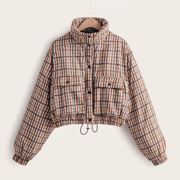 

Plaid Popper Through Crop Jacket, Multicolor